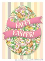 Beautiful floral Easter egg on a striped background with a Happy Easter Banner