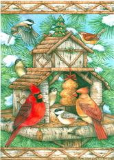 cardinals, chickadees, adirondack bird feeder, evergreen tree