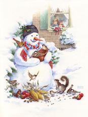 snowman, children, animals, birds