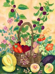 Fruit, basket, melon, grapes, peppers, pears, eggplant