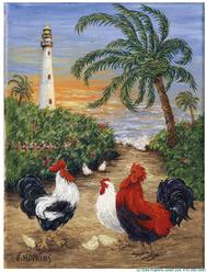 lighthouse, roosters, palm tree