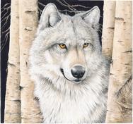 Wolf, through trees, black background