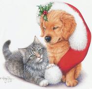 Puppy, kitten, Christmas, holly, Santa hat