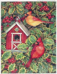 cardinals, holly, bird house