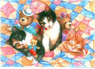 Cats, kitten, teddybears on quilt