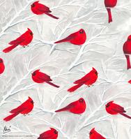 Cardinals, white branches, silver background