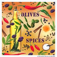 olives, spices, olive oil, herbs on orange