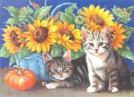 Sunflowers, kittens, pumpkin