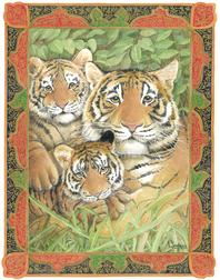 Tiger and cubs with intricate border