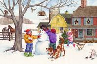 snowman, farm, children, dogs, birds, horses, barn