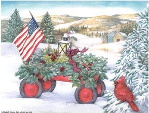 Patriotic, Wagon, Flag, Cardinal, Winter, Snow