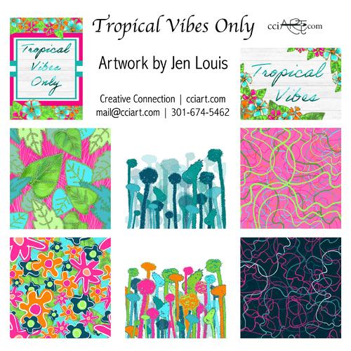 A hot colored collection of tropical leaves and flowers and more. 