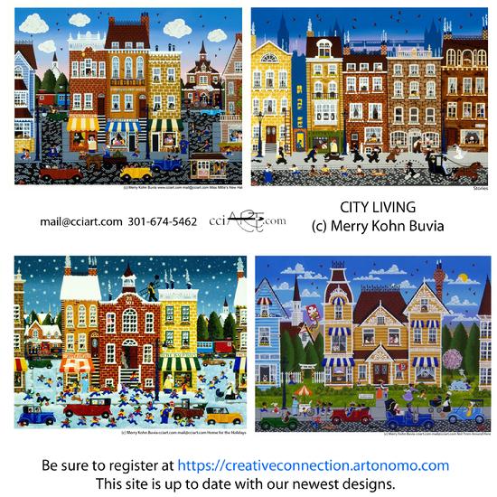 Four Whimsical paintings of city life.  There are a lot of things happening in these paintings.  Each tells a story.