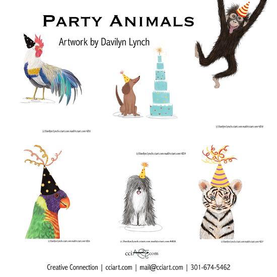 Whimsical Birthday Animals including a chicken, two pups, a monkey, a parrot and a tiger cub.