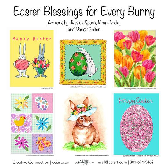 Whimsical Easter Greetings including eggs and cute bunnies and florals
