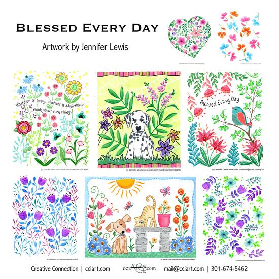 Whimsical florals, verse, pups, hearts, all-overs and more by Jennifer Lewis