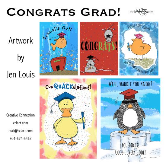 Five silly graduation designs for any age including a duck, a penguin, a rat, a chick and a fish.