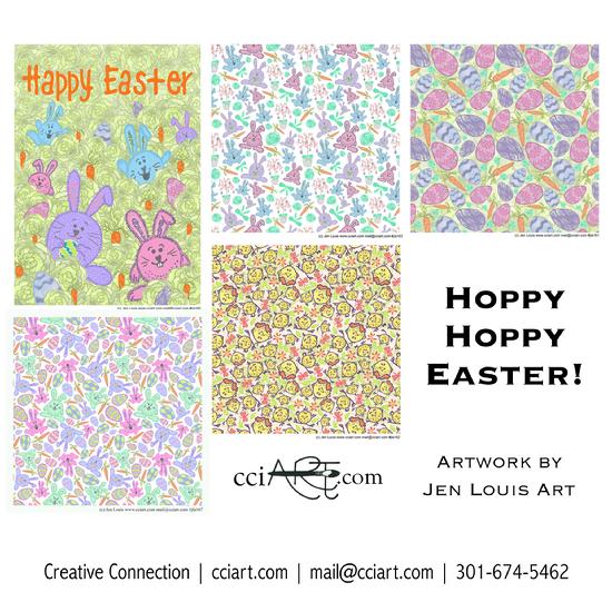 Whimsical Easter all-overs and a Happy Easter Bunny in the grass design.