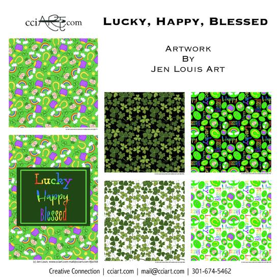five all-over St. Patrick's designs including shamrocks, wording, rainbows, leprechans and more.