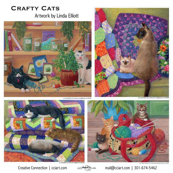 Four Crafty Cat paintings including quilts, yarn, fabric and more