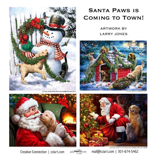Four festive designs with dogs, including Santa, snowman and dogs decorating a dog house. 