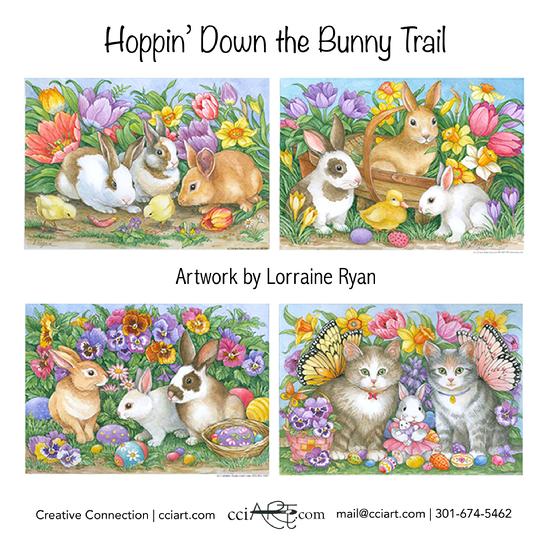 Bunnies, Chicks, Florals, Kitties and Butterflies are included in these colorful Easter designs.
