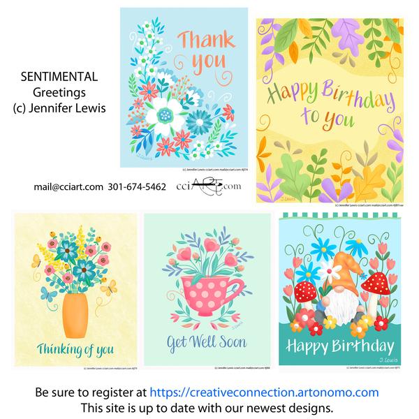 Thank you, Thinking of you, Get Well, Happy Birthday florals and more complete this set of card designs.