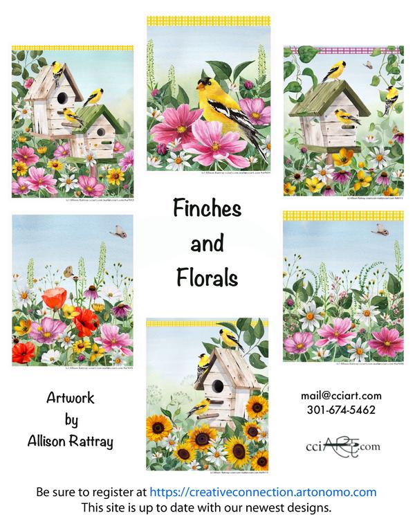Beautiful colorful Spring Floral designs and Goldfinches with flowers