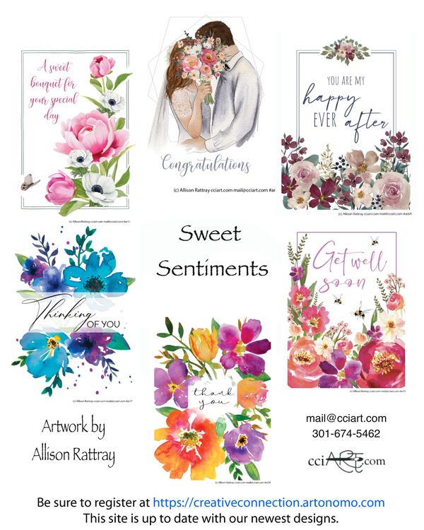 Sentimental designs including wedding or anniversary, Thinking of you, Thank you, Get Well and more.  All of these include beautiful flowers.