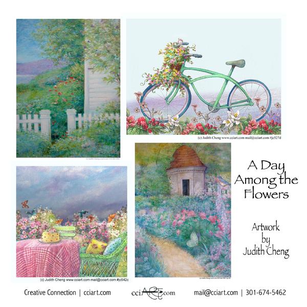 Four pretty pastel country scenes including a fence, a bike a table spread and a cottage.
