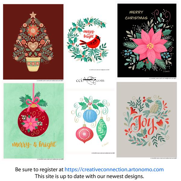 A set of six whimsical Christmas designs including a tree, poinsettia, ornaments and more.