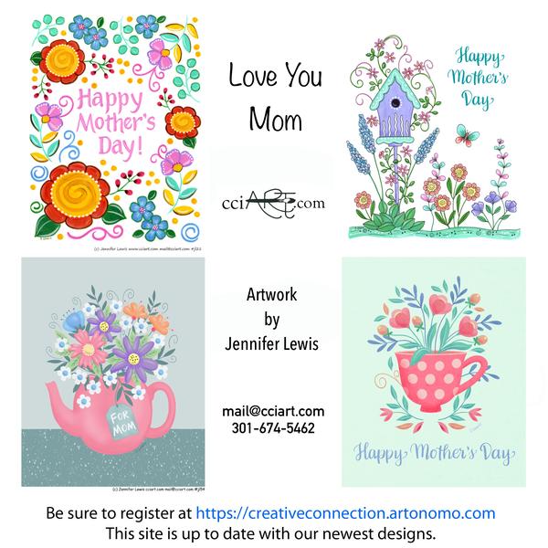Four flowery whimsical mother's day designs including a Teapot, Tea cup and Birdhouse.