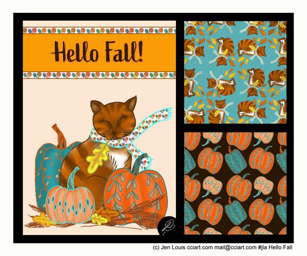 Sleepy cat with stylized pumpkins with coordinating patterns