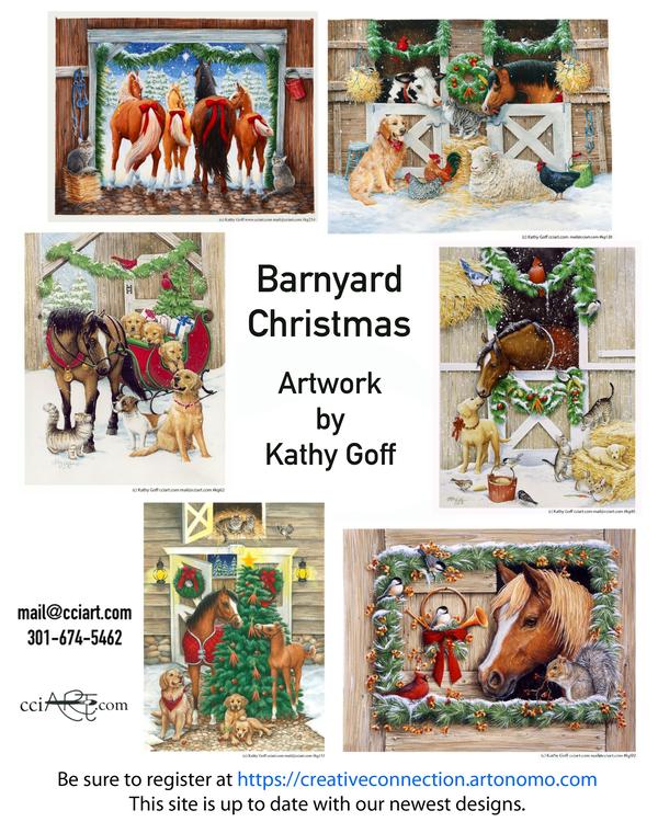 six barnyard Christmas paintings including horses and friends.