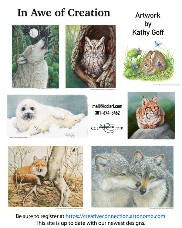 A set of 7 stunning wildlife paintings of wolves, a baby seal, an owl, a fox and more.