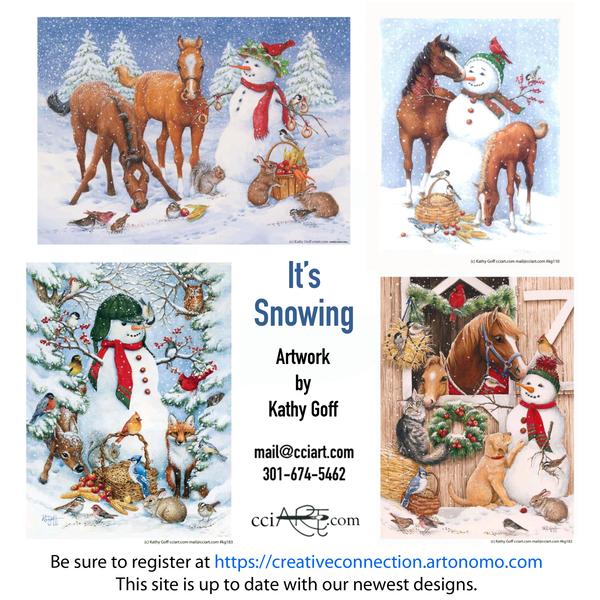 Four winter animal paintings including horses and snowmen