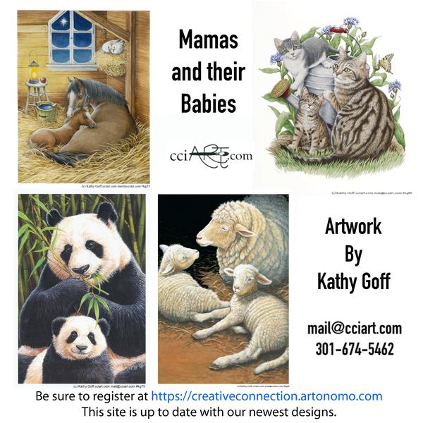 Four family animal paintings including horses, Pandas, Cats, Sheep.