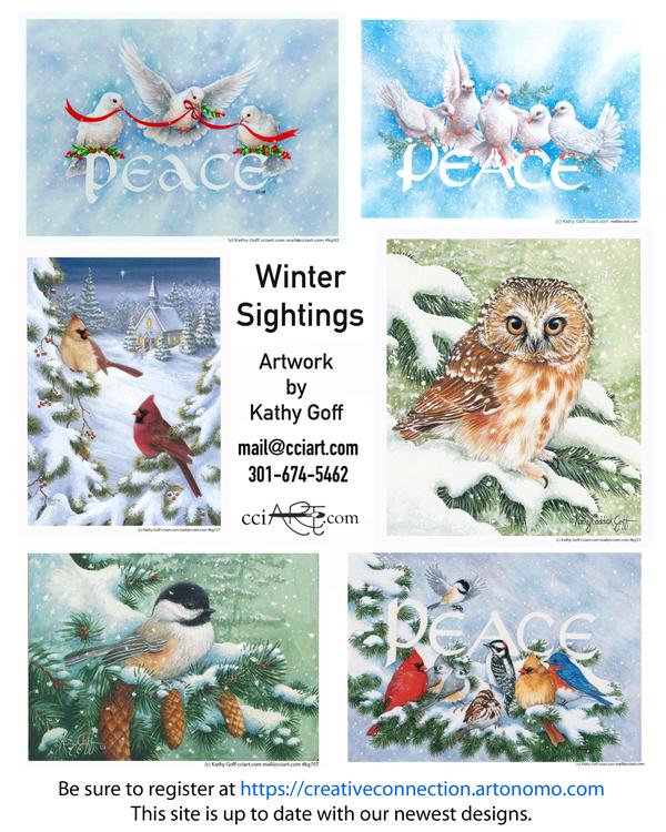 Six Winter Bird paintings including doves, cardinals, an owl and more.