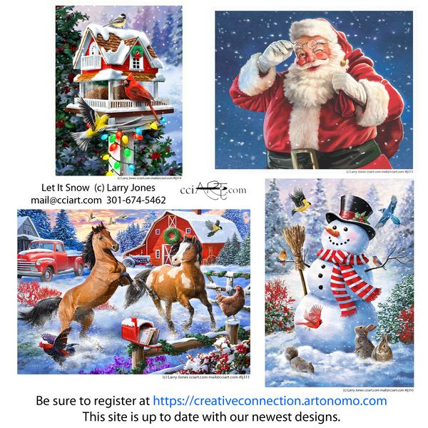 A set of four Christmas/Winter images with snow and animals or Santa or a Snowman