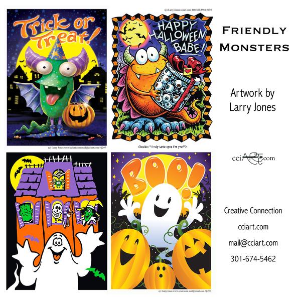 Four fun Halloween designs including cute monsters and ghosts.