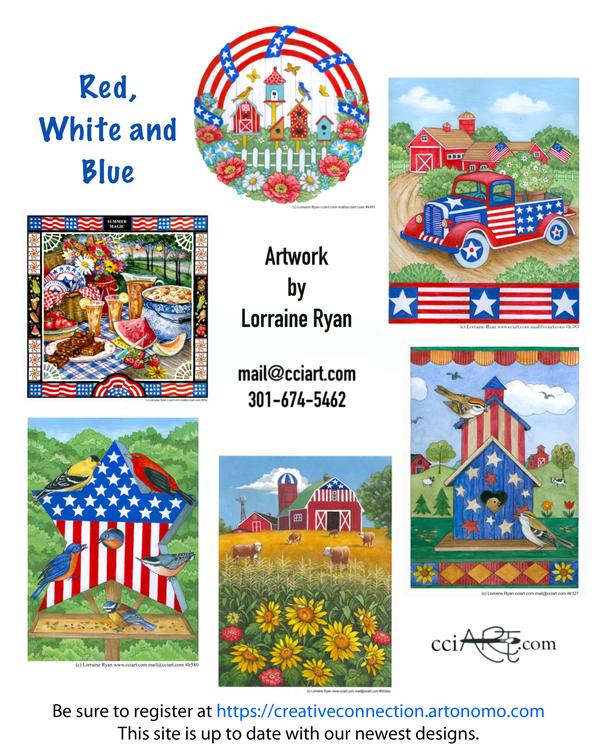 Patriotic designs including birdhouses, a barnyard, a truck and more