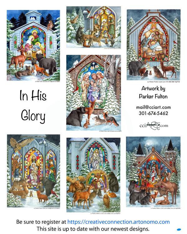 Multiple Stained Glass Nativity Scenes with Wildlife