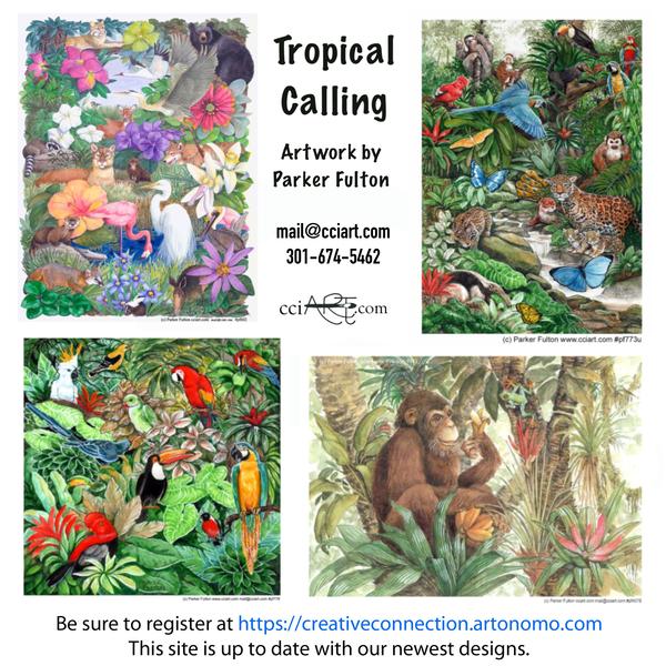 Colorful and animal filled tropical paintings abound.  These would make fun puzzles.