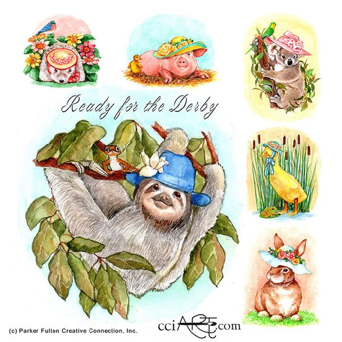 Cute animals with hats including a hedgehog, pig, koala, duck, bunny and sloth.