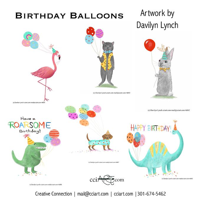 6 adorable whimsical party animals with balloons including a flamingo, a dachshund, a bunny, a kitty with a vest and 2 dinosaurs. 