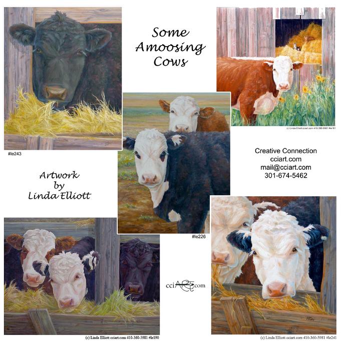five paintings of cows posing somewhat amusingly