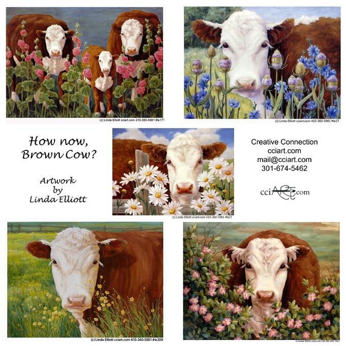 five lovely paintings of Brown and White Cows among flowers