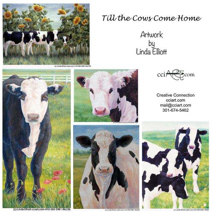 Five Paintings of black and white cows and calves in the fields