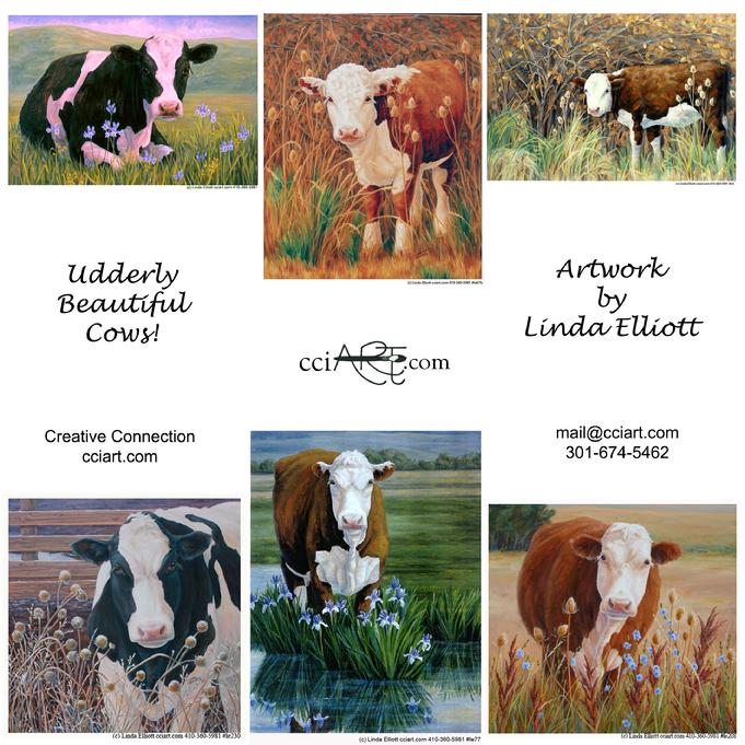six beautiful cow paintings in grass and fields