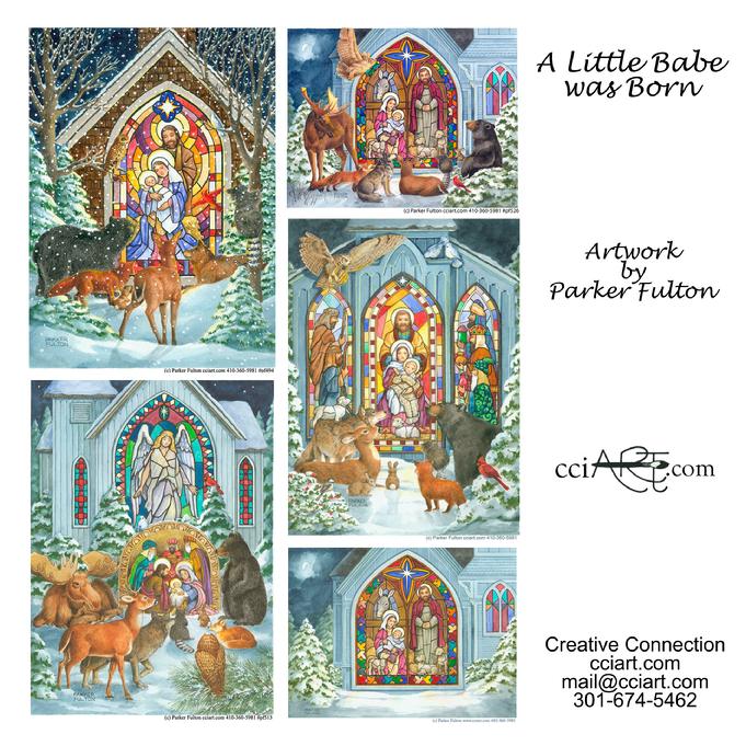 A set of 5 Stained Glass Nativities with animals in winter